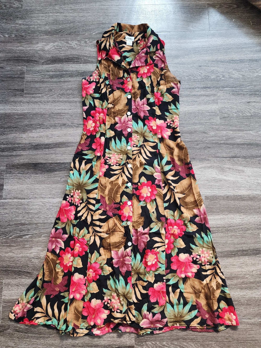 VTG JBS Floral Button-Front Maxi Dress - Black with Pink & Green Floral Print